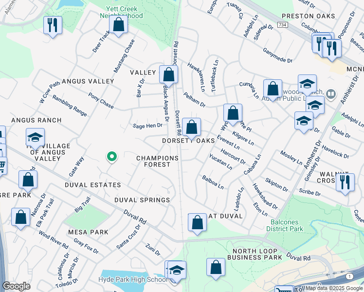 map of restaurants, bars, coffee shops, grocery stores, and more near 4507 Dorsett Oaks Circle in Austin