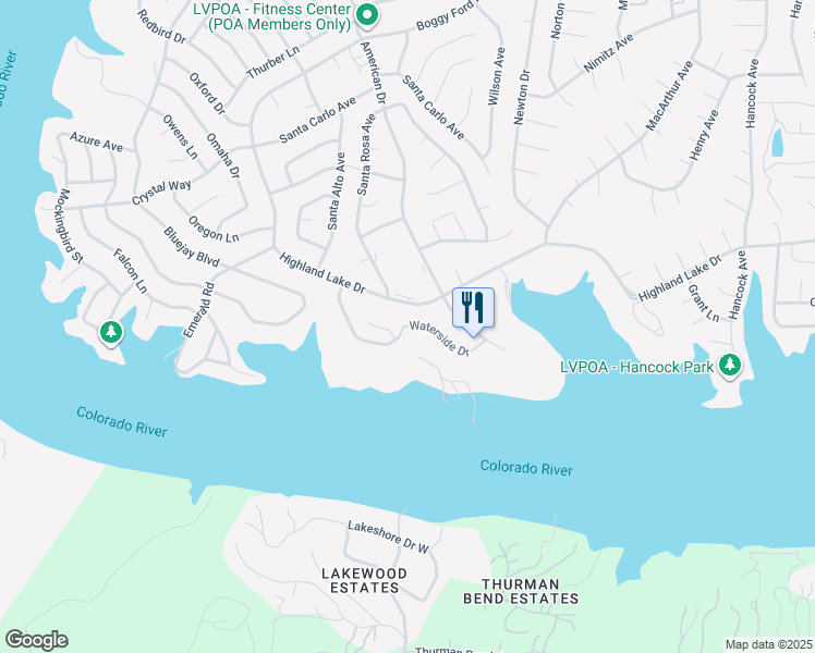map of restaurants, bars, coffee shops, grocery stores, and more near 20943 Waterside Drive in Lago Vista
