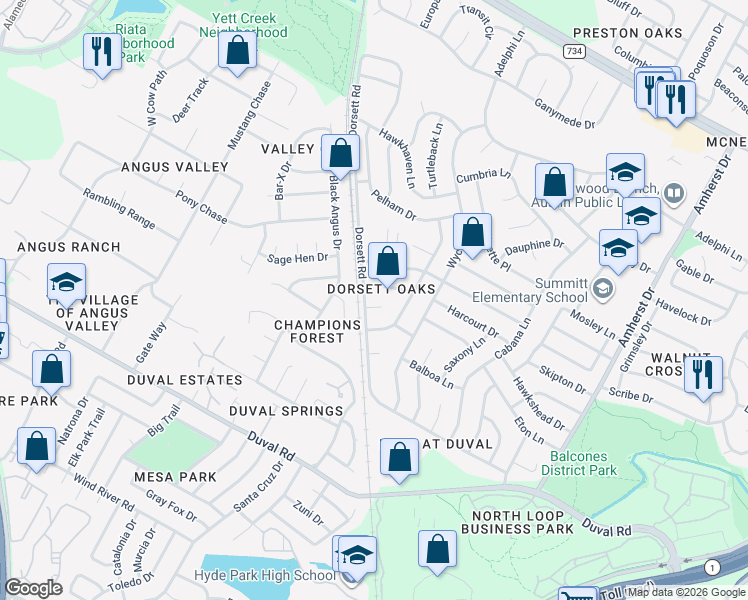 map of restaurants, bars, coffee shops, grocery stores, and more near 4507 Dorsett Oaks Circle in Austin