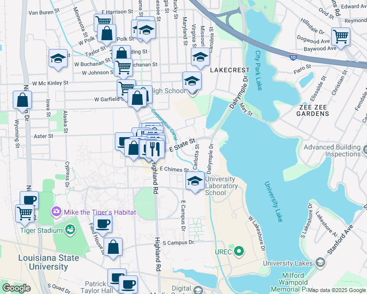 map of restaurants, bars, coffee shops, grocery stores, and more near 240 East State Street in Baton Rouge