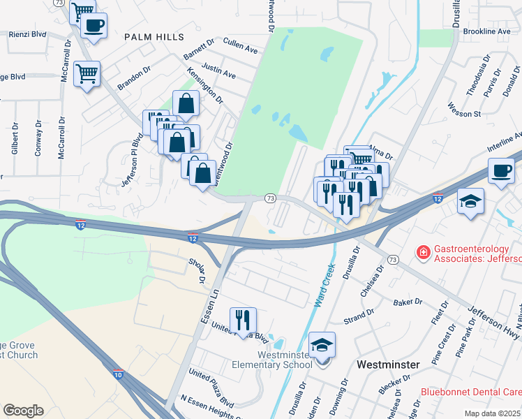map of restaurants, bars, coffee shops, grocery stores, and more near 8502 Jefferson Highway in Baton Rouge