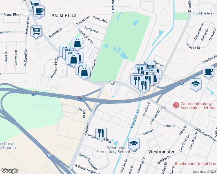 map of restaurants, bars, coffee shops, grocery stores, and more near 8502 Jefferson Highway in Baton Rouge