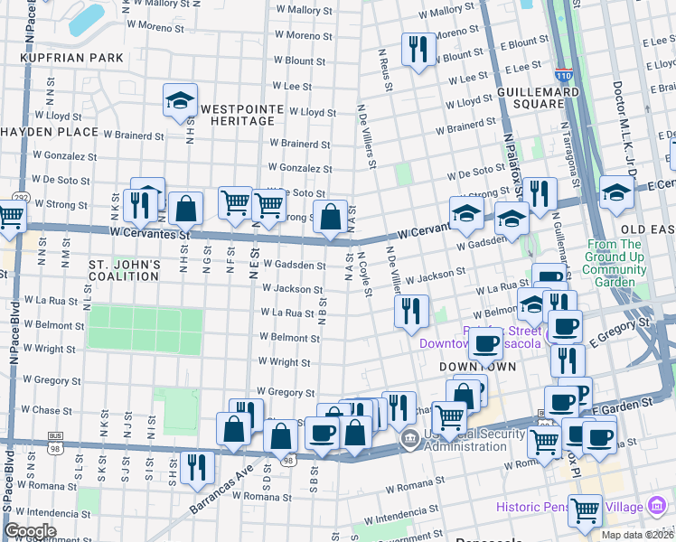 map of restaurants, bars, coffee shops, grocery stores, and more near 608 North B Street in Pensacola