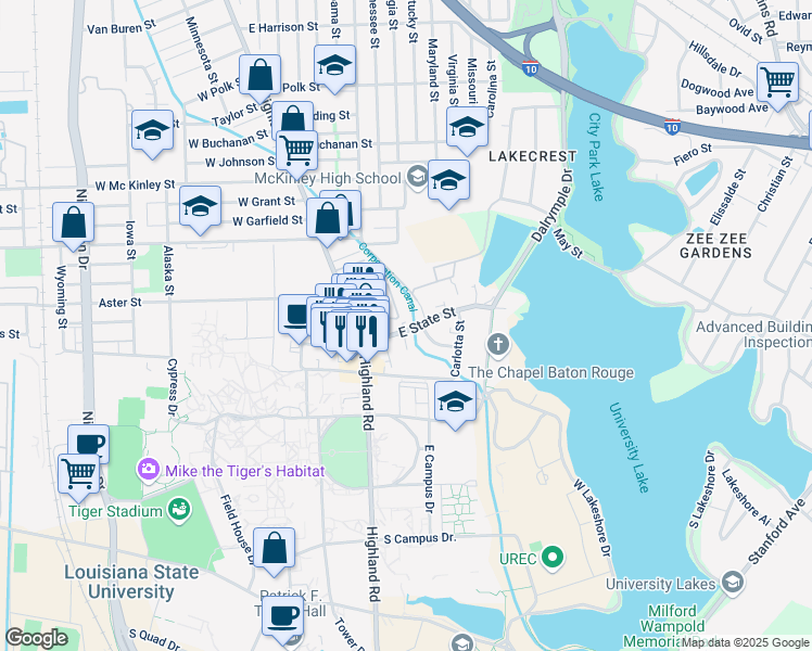 map of restaurants, bars, coffee shops, grocery stores, and more near 229 East State Street in Baton Rouge