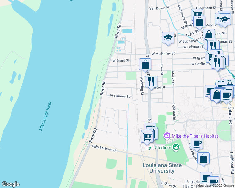 map of restaurants, bars, coffee shops, grocery stores, and more near 1364 West Chimes Street in Baton Rouge