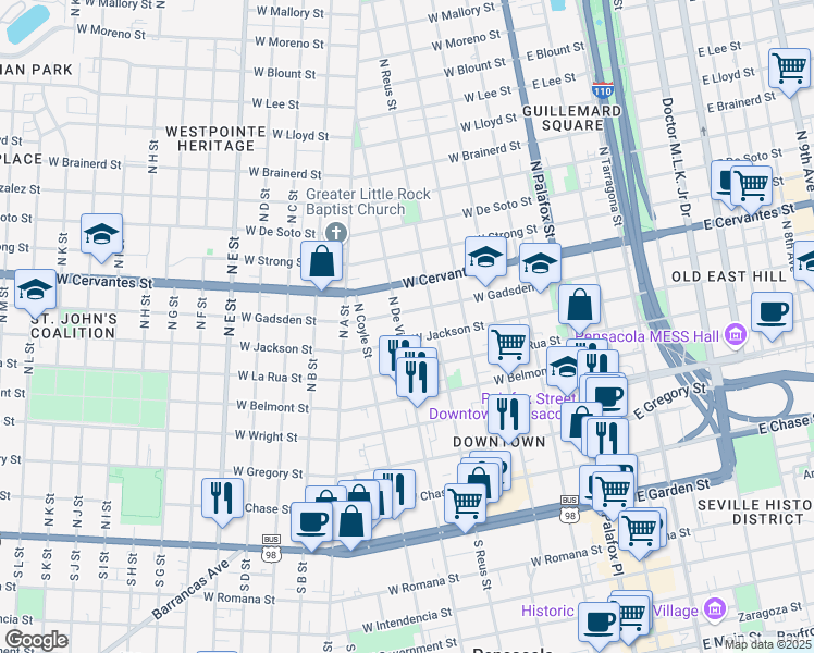 map of restaurants, bars, coffee shops, grocery stores, and more near 600 North De Villiers Street in Pensacola