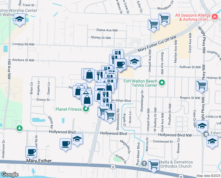 map of restaurants, bars, coffee shops, grocery stores, and more near 435 Mary Esther Boulevard in Mary Esther