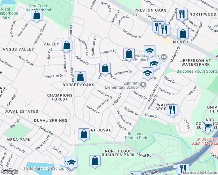 map of restaurants, bars, coffee shops, grocery stores, and more near 4108 Everest Lane in Austin