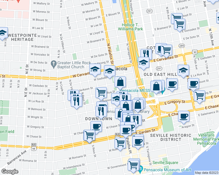 map of restaurants, bars, coffee shops, grocery stores, and more near 514 North Baylen Street in Pensacola