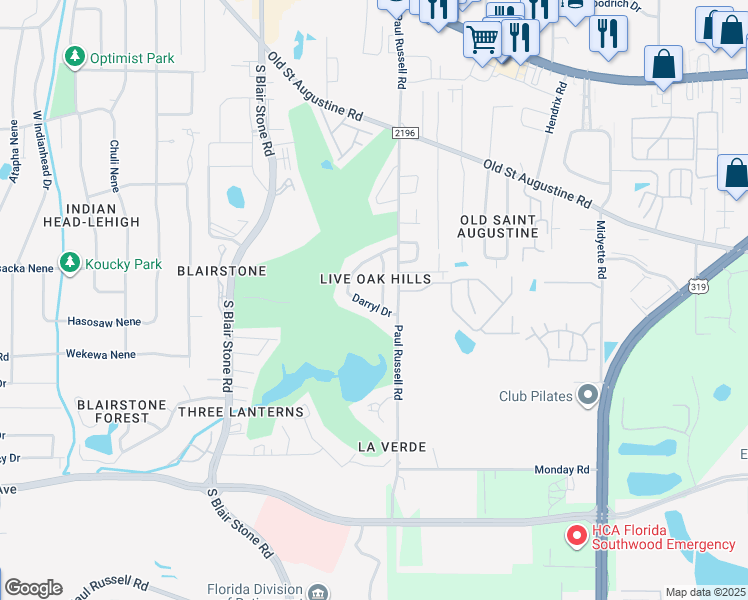 map of restaurants, bars, coffee shops, grocery stores, and more near 1943 Darryl Drive in Tallahassee