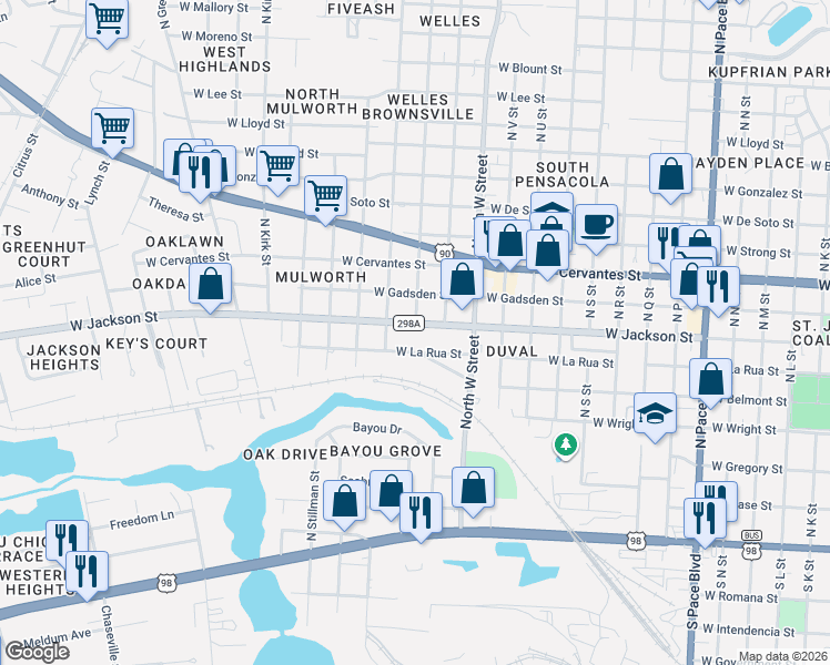 map of restaurants, bars, coffee shops, grocery stores, and more near 3006 West La Rua Street in Pensacola
