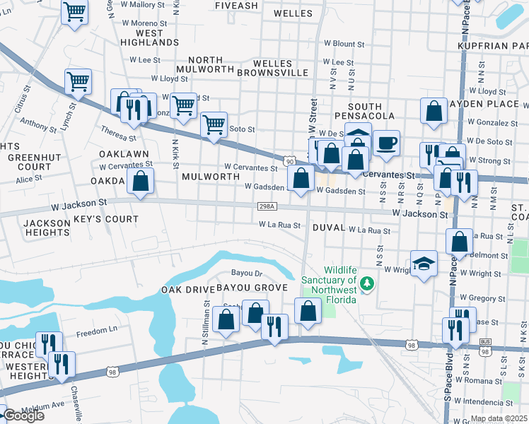 map of restaurants, bars, coffee shops, grocery stores, and more near 3120 West La Rua Street in Pensacola