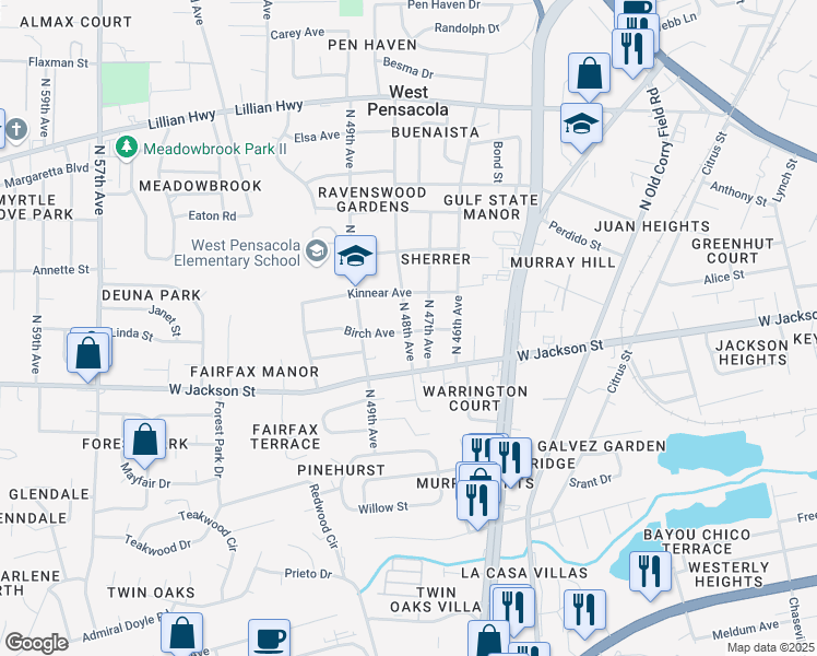 map of restaurants, bars, coffee shops, grocery stores, and more near 611 North 47th Avenue in Pensacola