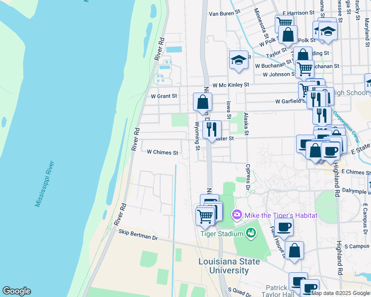 map of restaurants, bars, coffee shops, grocery stores, and more near 1147 West Chimes Street in Baton Rouge