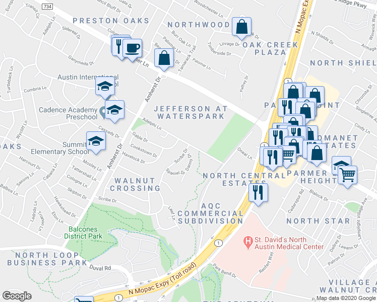 map of restaurants, bars, coffee shops, grocery stores, and more near 12324 Danny Drive in Austin