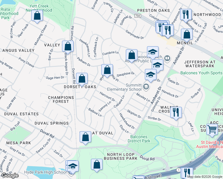 map of restaurants, bars, coffee shops, grocery stores, and more near 4108 Everest Lane in Austin