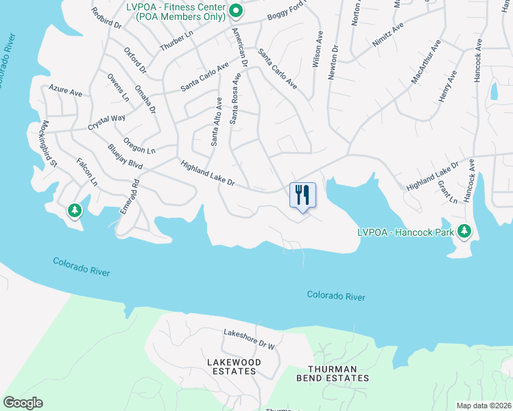 map of restaurants, bars, coffee shops, grocery stores, and more near 21103 Santa Ana Cove in Lago Vista