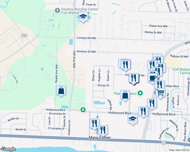 map of restaurants, bars, coffee shops, grocery stores, and more near 310 Brian Circle in Mary Esther