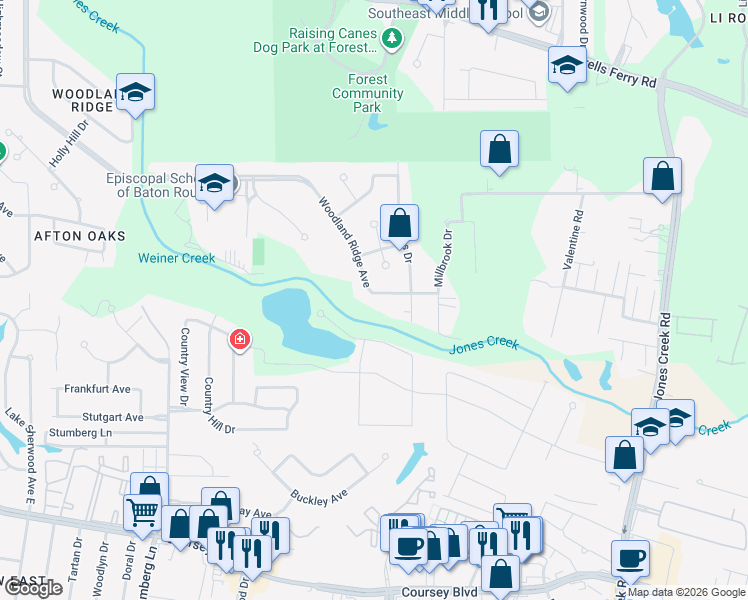 map of restaurants, bars, coffee shops, grocery stores, and more near 14174 Woodland Ridge Avenue in Baton Rouge