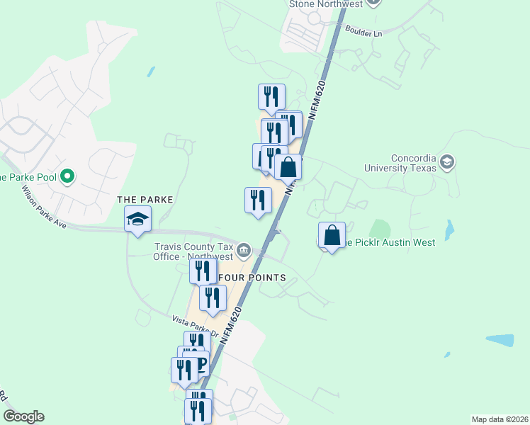 map of restaurants, bars, coffee shops, grocery stores, and more near 8252 North FM 620 in Austin