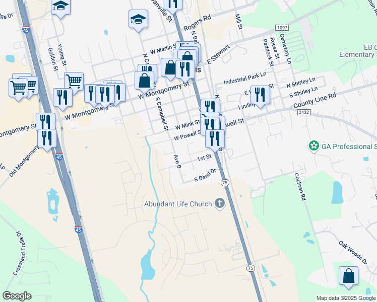 map of restaurants, bars, coffee shops, grocery stores, and more near 111 Avenue A in Willis