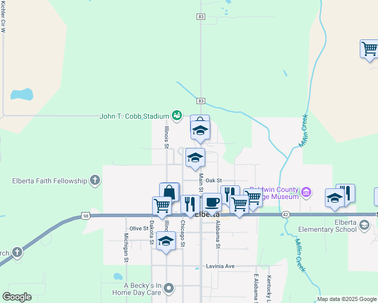 map of restaurants, bars, coffee shops, grocery stores, and more near 13288 Chicago Street in Elberta