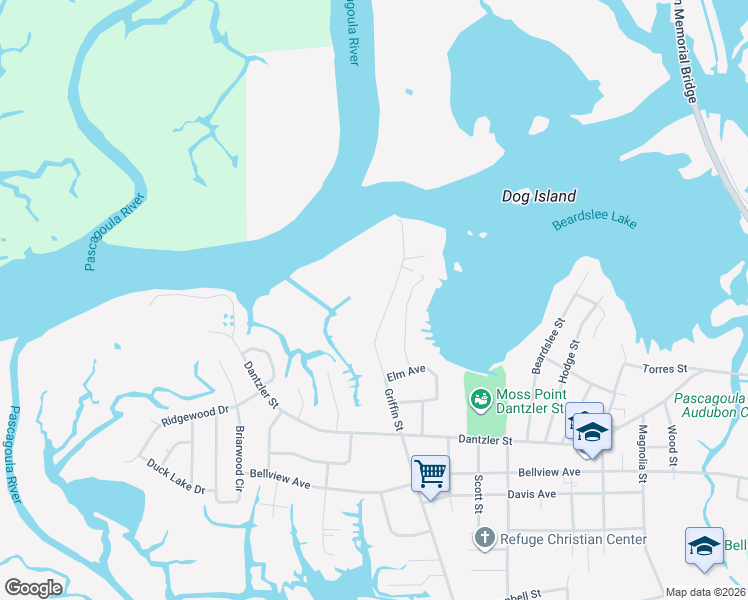 map of restaurants, bars, coffee shops, grocery stores, and more near 5318 Griffin St in Moss Point