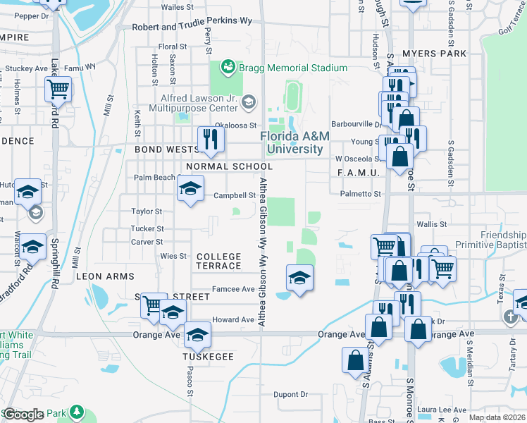 map of restaurants, bars, coffee shops, grocery stores, and more near Wahnish Way in Tallahassee