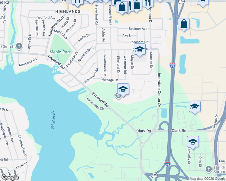 map of restaurants, bars, coffee shops, grocery stores, and more near 1429 Broward Road in Jacksonville