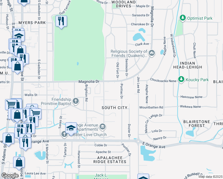 map of restaurants, bars, coffee shops, grocery stores, and more near 2403 Country Club Drive in Tallahassee