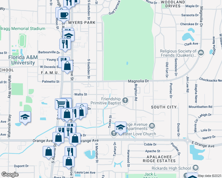 map of restaurants, bars, coffee shops, grocery stores, and more near 517 Yaeger Street in Tallahassee