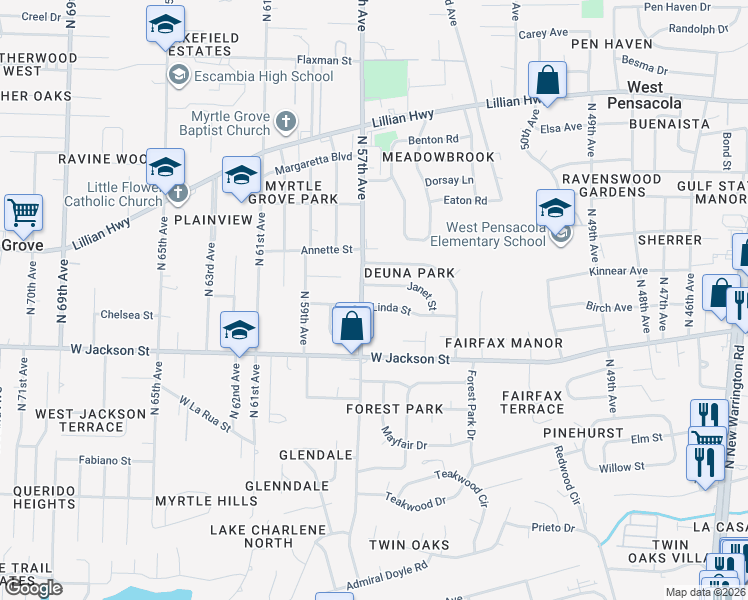 map of restaurants, bars, coffee shops, grocery stores, and more near 25 Linda Street in Pensacola