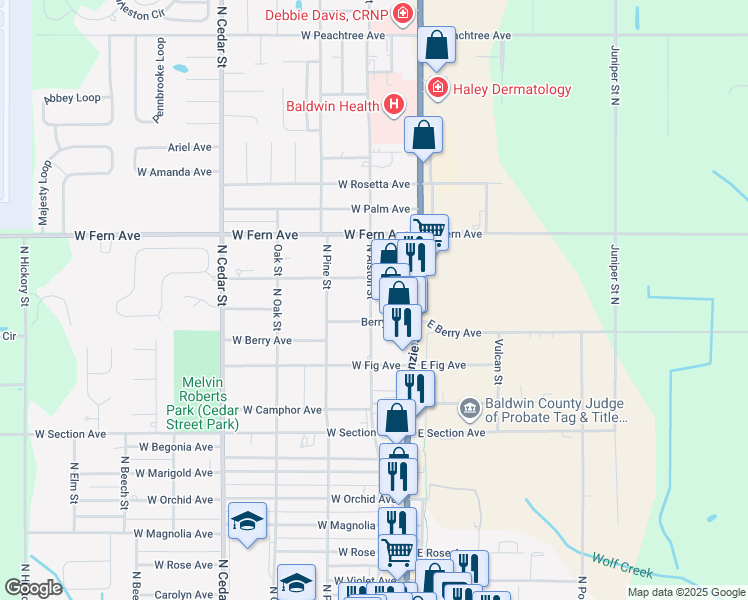 map of restaurants, bars, coffee shops, grocery stores, and more near 200 West Berry Avenue in Foley