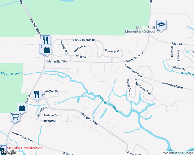 map of restaurants, bars, coffee shops, grocery stores, and more near 1919 Martin Bluff Road in Gautier