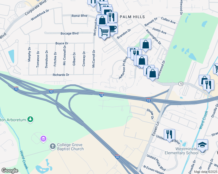 map of restaurants, bars, coffee shops, grocery stores, and more near 7362 North Jefferson Place Circle in Baton Rouge