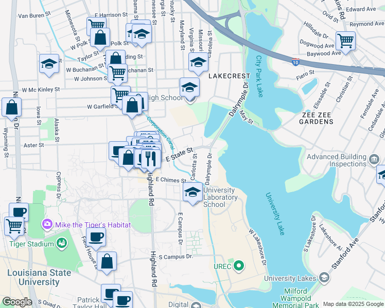 map of restaurants, bars, coffee shops, grocery stores, and more near 3270 Carlotta Street in Baton Rouge
