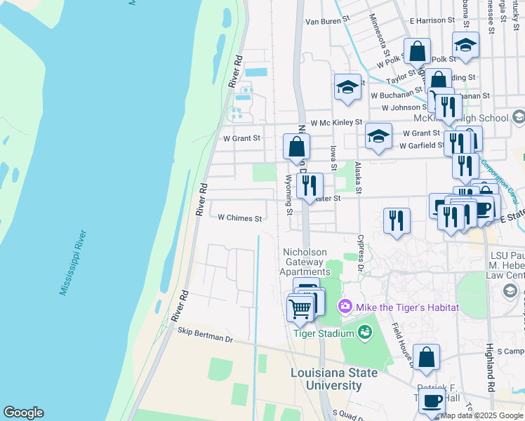 map of restaurants, bars, coffee shops, grocery stores, and more near 1147 West Chimes Street in Baton Rouge