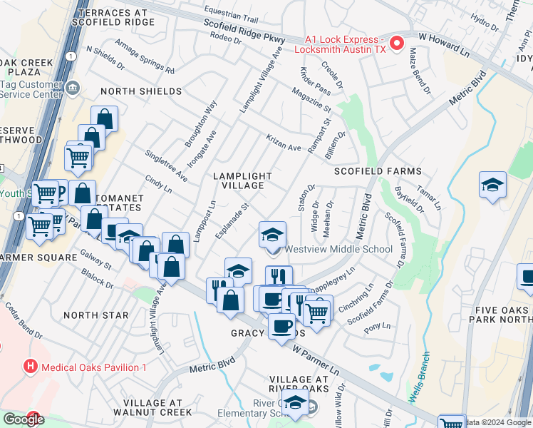 map of restaurants, bars, coffee shops, grocery stores, and more near 1900 Metairie Circle in Austin