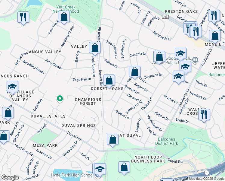 map of restaurants, bars, coffee shops, grocery stores, and more near 12104 Arrowwood Drive in Austin