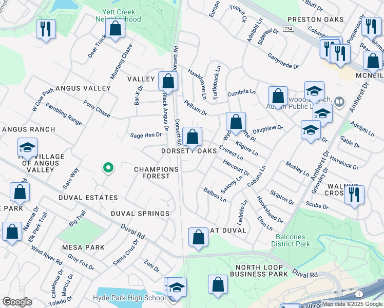 map of restaurants, bars, coffee shops, grocery stores, and more near 12104 Arrowwood Drive in Austin