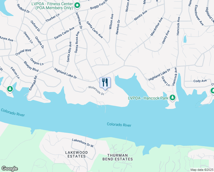 map of restaurants, bars, coffee shops, grocery stores, and more near 1917 American Drive in Lago Vista