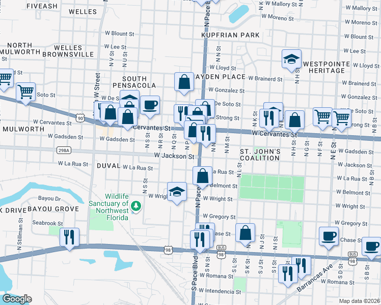 map of restaurants, bars, coffee shops, grocery stores, and more near 2120 West Jackson Street in Pensacola