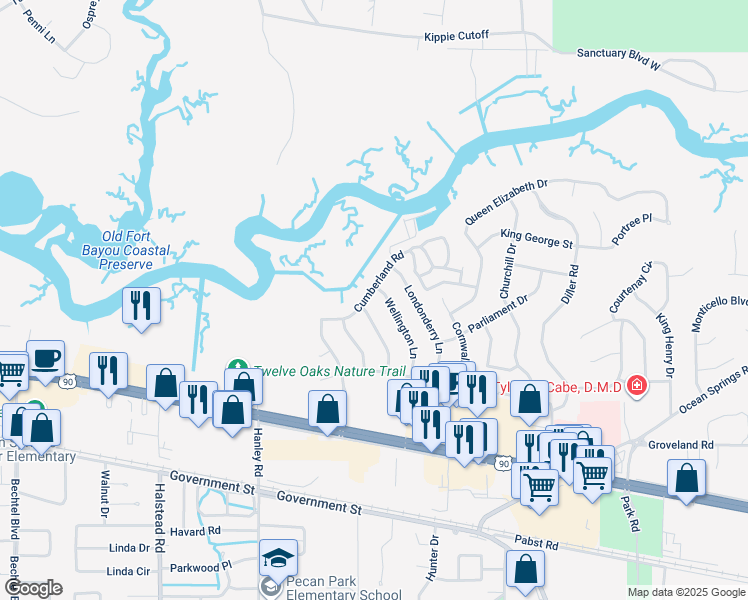 map of restaurants, bars, coffee shops, grocery stores, and more near 3216 Cumberland Road in Ocean Springs