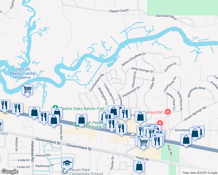 map of restaurants, bars, coffee shops, grocery stores, and more near 1222 Londonderry Lane in Ocean Springs