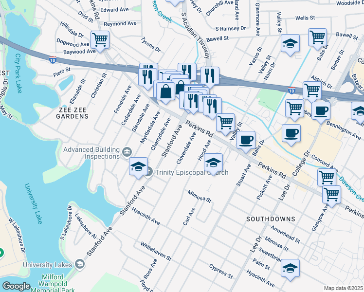 map of restaurants, bars, coffee shops, grocery stores, and more near 3640 Marigold Avenue in Baton Rouge