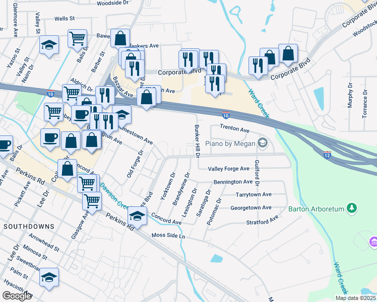 map of restaurants, bars, coffee shops, grocery stores, and more near 35 Congress Boulevard in Baton Rouge