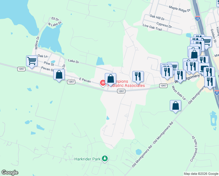 map of restaurants, bars, coffee shops, grocery stores, and more near 10211 Farm to Market 1097 in Willis