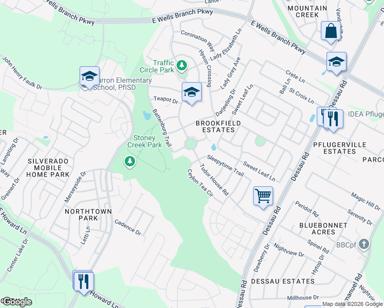 map of restaurants, bars, coffee shops, grocery stores, and more near 13809 Ceylon Tea Circle in Pflugerville