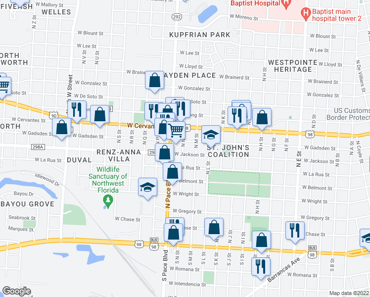 map of restaurants, bars, coffee shops, grocery stores, and more near 612 North N Street in Pensacola