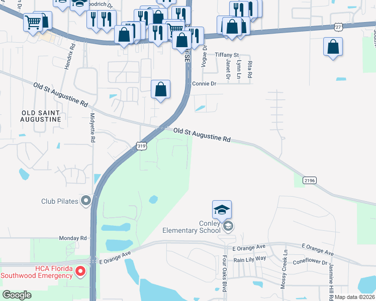 map of restaurants, bars, coffee shops, grocery stores, and more near Hill Court in Tallahassee